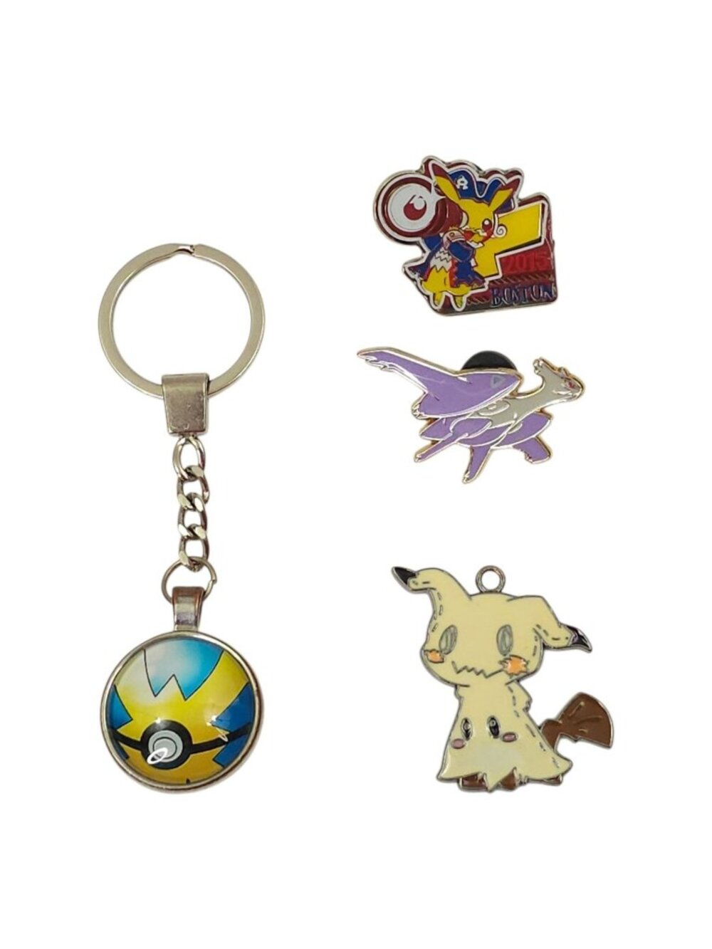 Pokémon Enamel Pins & Keychain Lot Pikachu 2015 Boston Worlds Latias Mimikyu